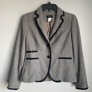 J Crew Schoolboy Wool Blend Blazer Jacket Size 0 Gray w/Black Trim Preppy Career